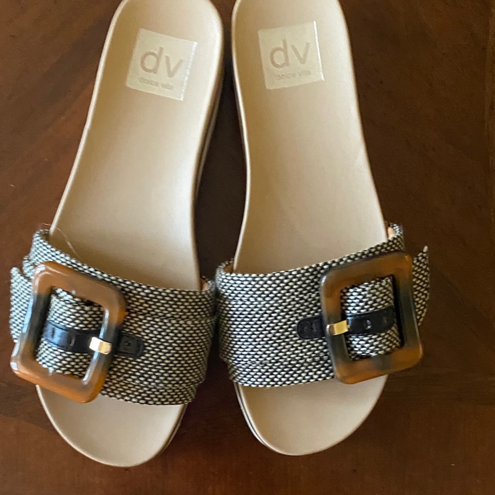 DV by Dolce Vita Neutral Woven Slide Sandals with Tortoiseshell Buckles